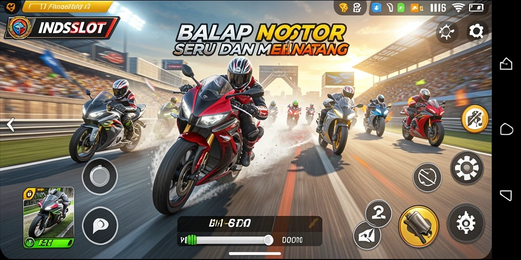 Tampilan gameplay INDSLOT dengan balapan motor yang mendebarkan.