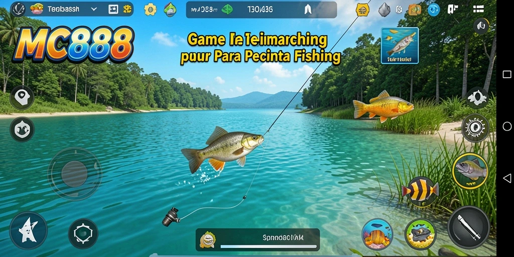 Screenshot gameplay MC888 yang menampilkan aktivitas memancing yang seru.