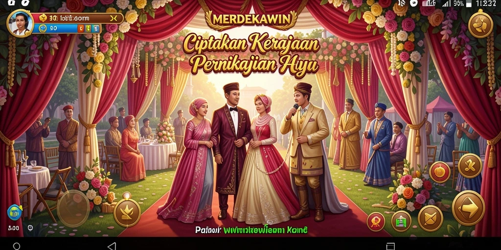 Tangkapan layar gameplay <strong>MERDEKAWIN</strong> menunjukkan keseruan merancang pernikahan.