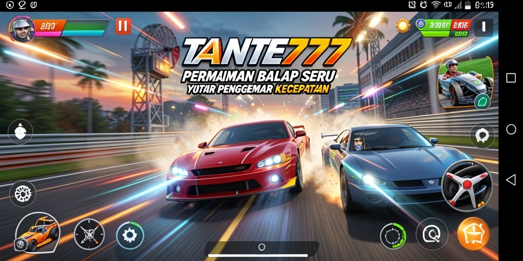 Tampilan gameplay TANTE777 dengan aksi balap yang menegangkan.