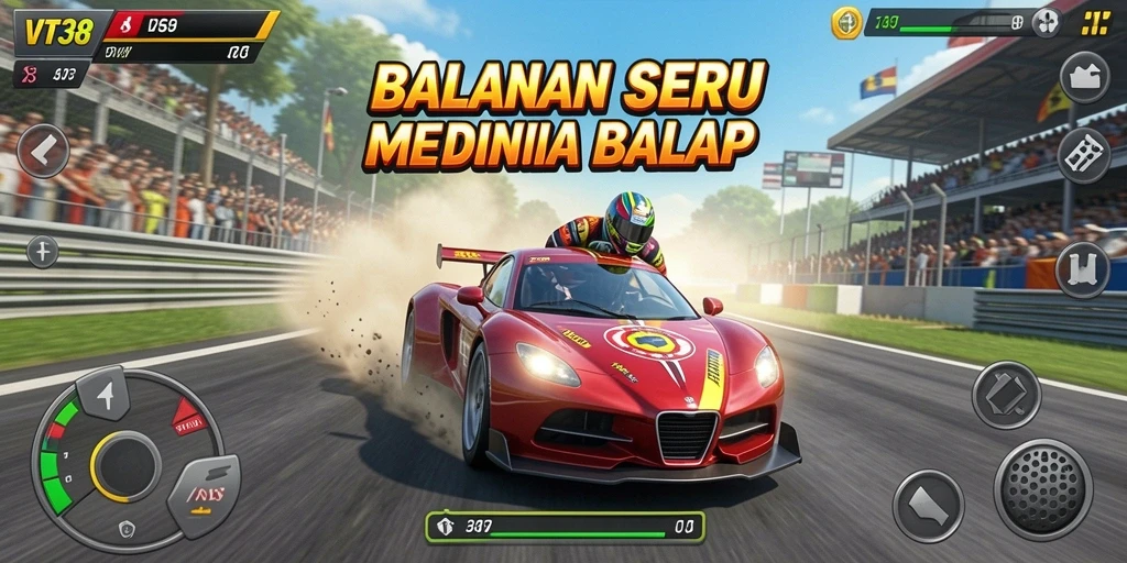 Screenshot menunjukkan aksi balap mendebarkan di jalanan kota.